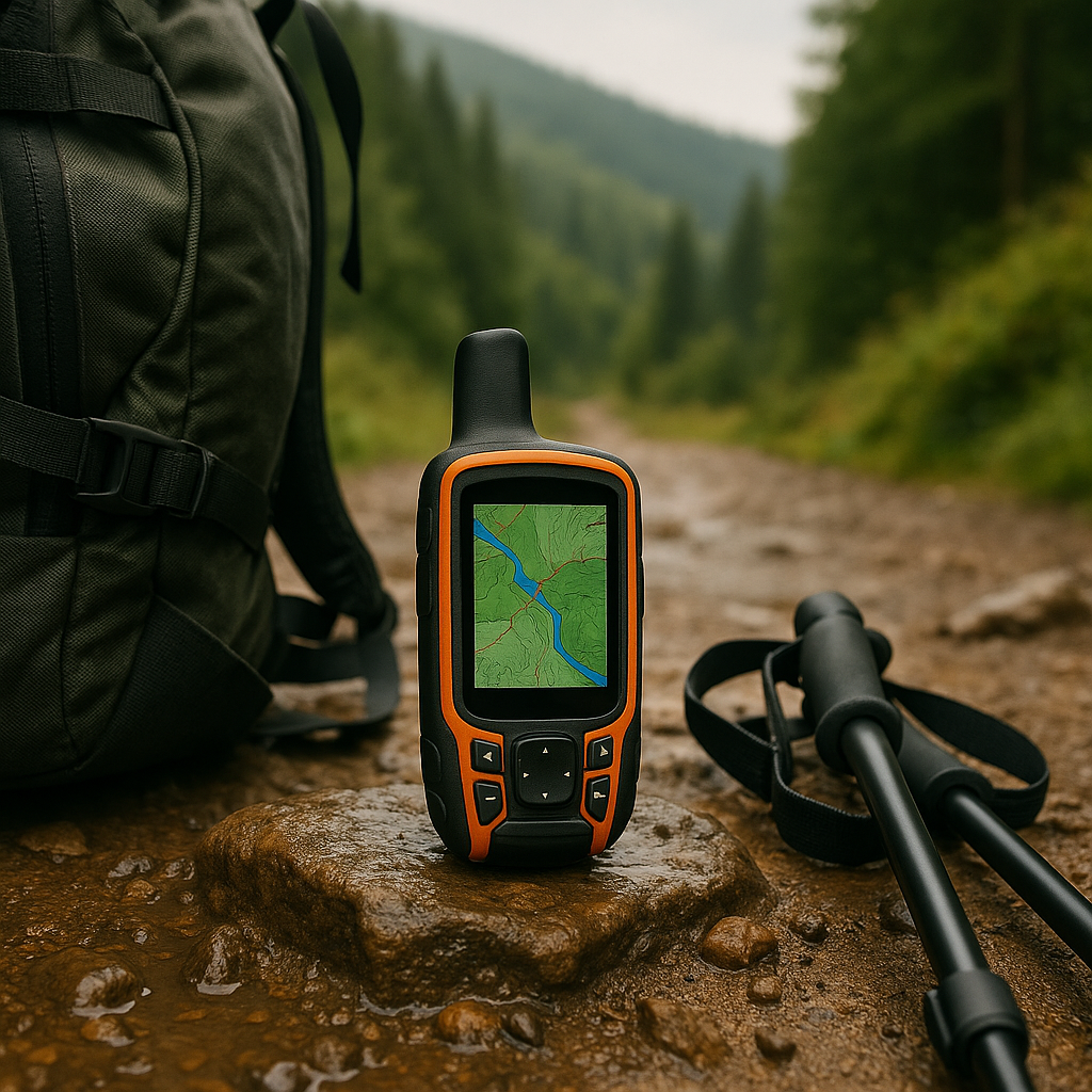 Rugged handheld GPS with waterproof casing for outdoor navigation.
