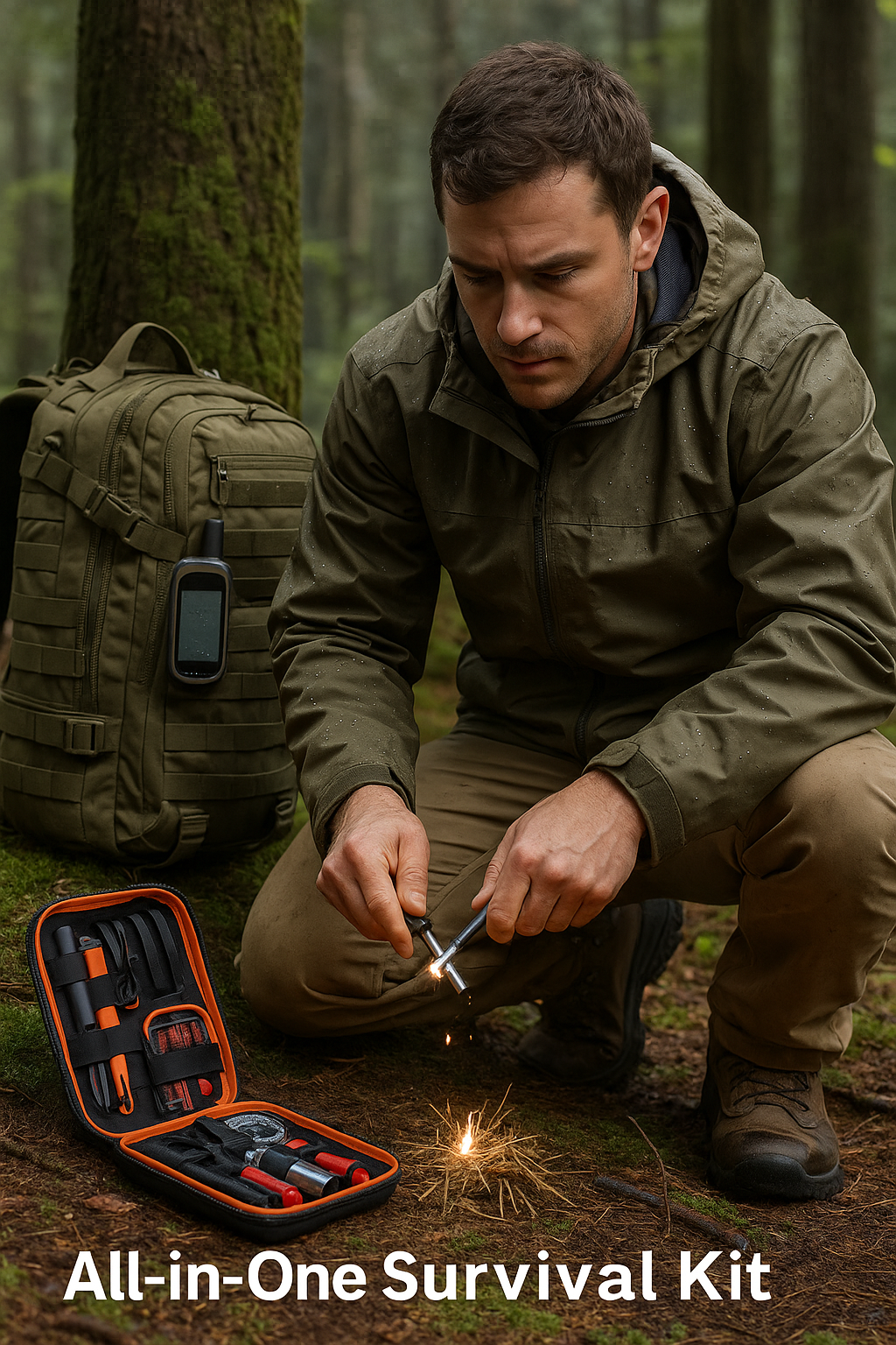 Complete all-in-one survival kit with fire starters, multitools, and emergency supplies.