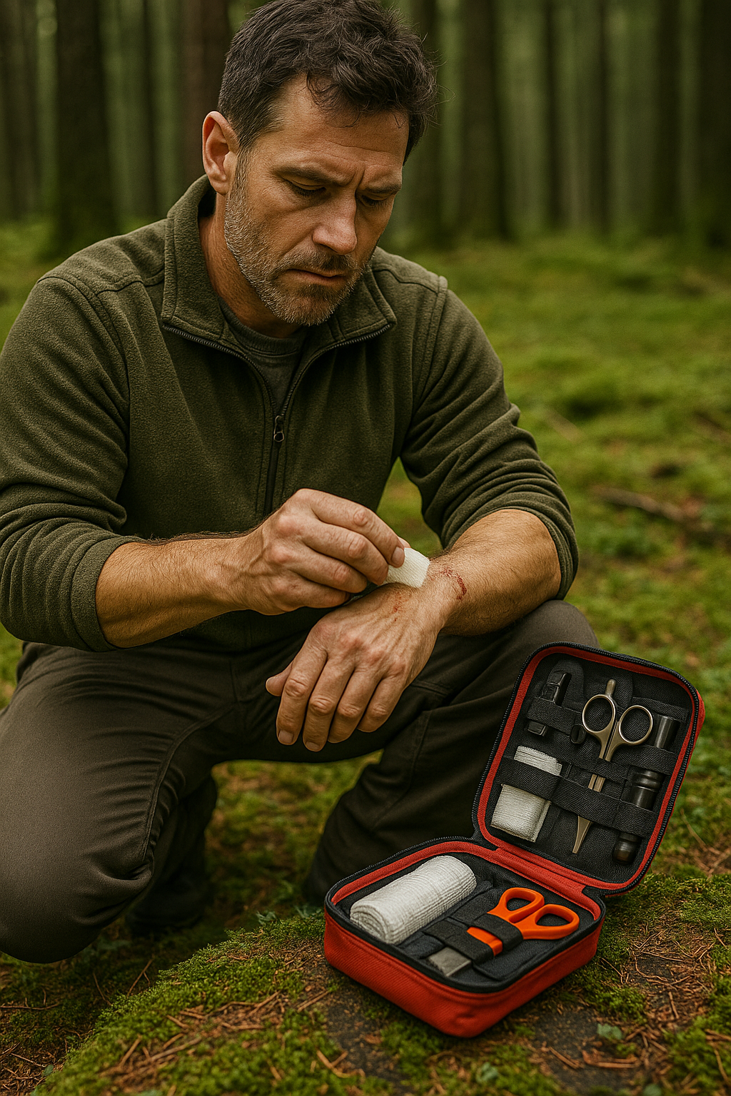 : Compact first aid medical kit with organized emergency supplies.