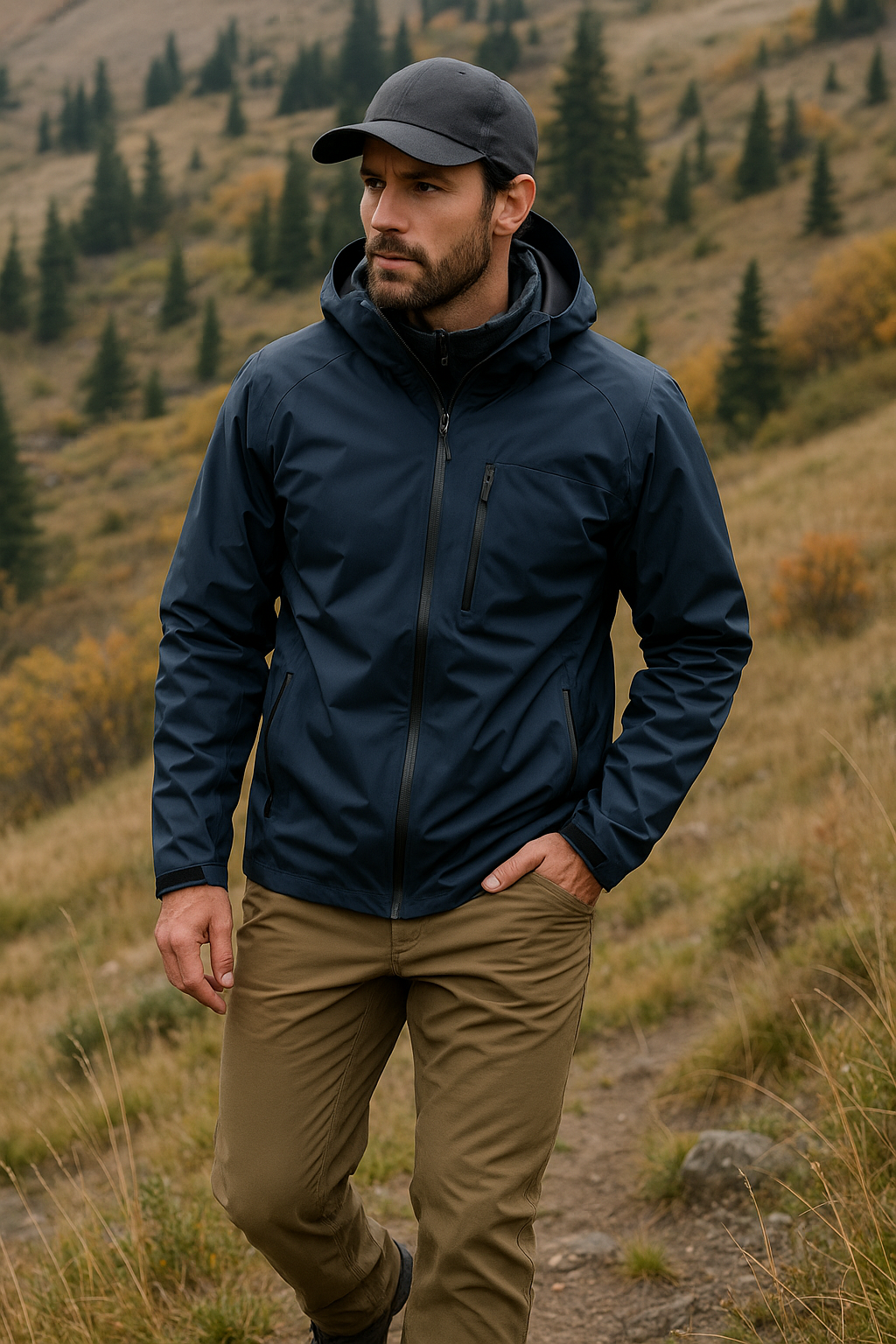 Men’s waterproof shell jacket breathable and windproof for hiking.