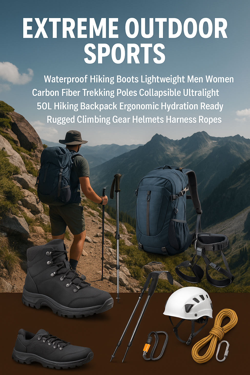 Extreme outdoor sports gear including waterproof hiking boots, ultralight trekking poles, ergonomic 50L backpacks, and rugged climbing equipment.