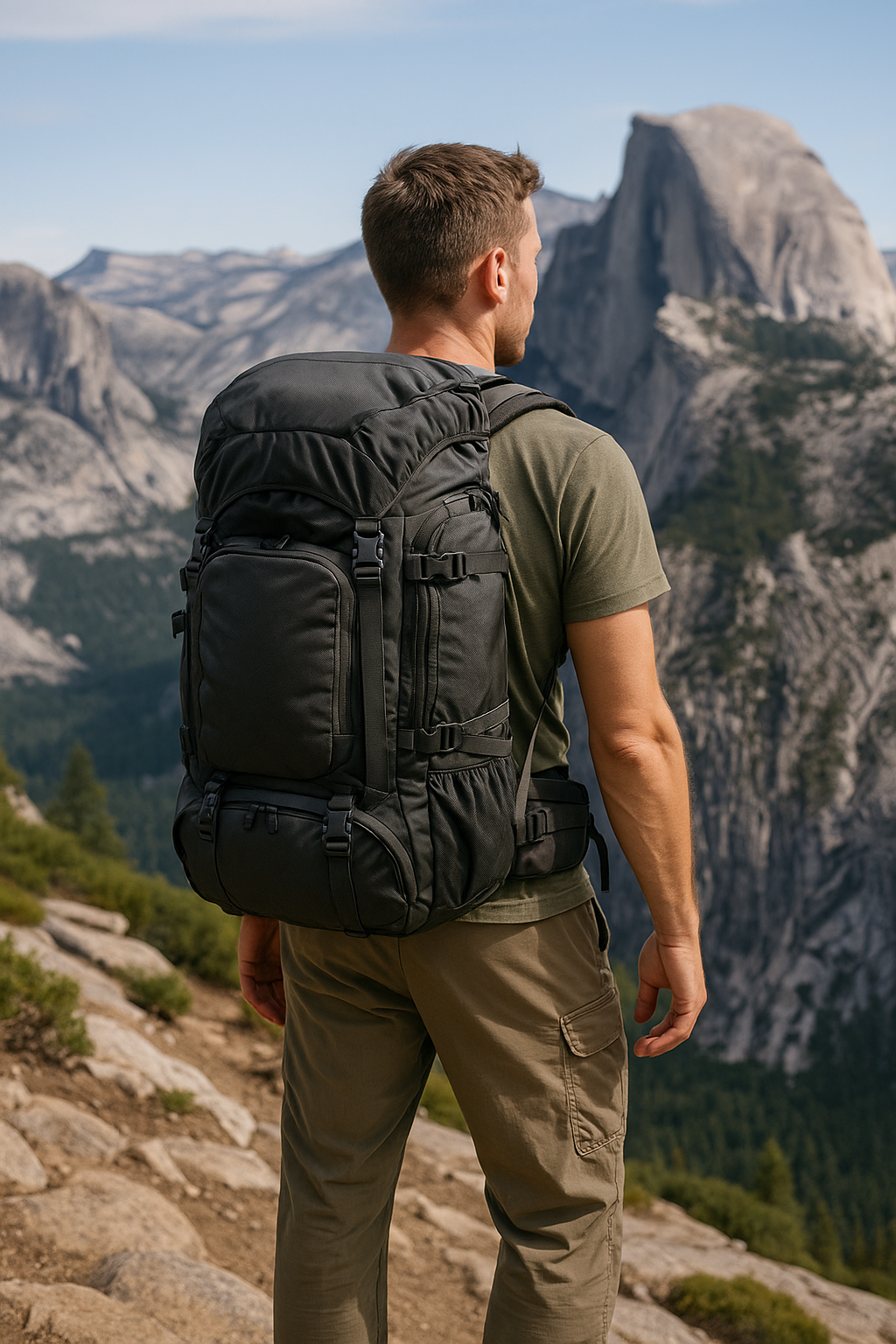50L hiking backpack with ergonomic frame, hydration sleeve, and trail carry points.