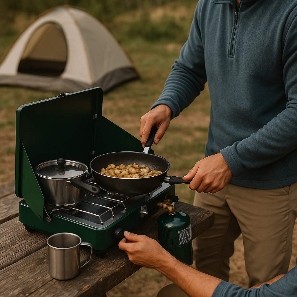 Portable propane camping stove with cookware set for outdoor use.