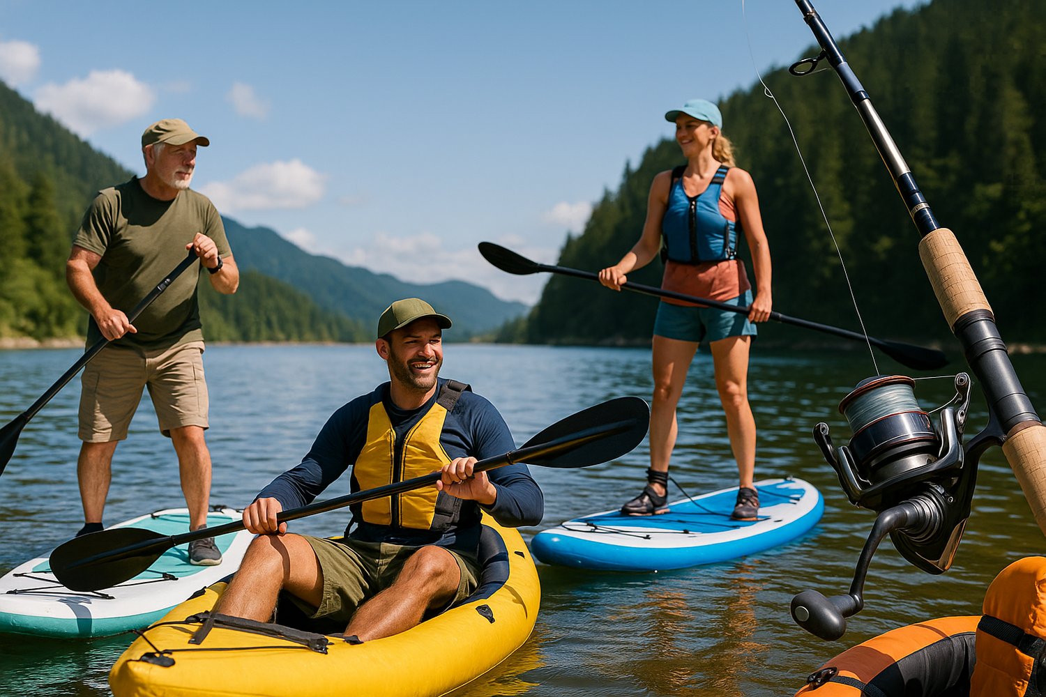 Adventure fishing and water gear including spinning rods, inflatable kayaks, paddle boards, and USCG-approved life jackets for outdoor adventures.
