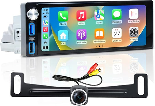 Single Din Touch Screen Radio - Car Stereo with Carplay & Android Auto 10 inch Adjustable Touchscreen Head Unit GPS Naviga...