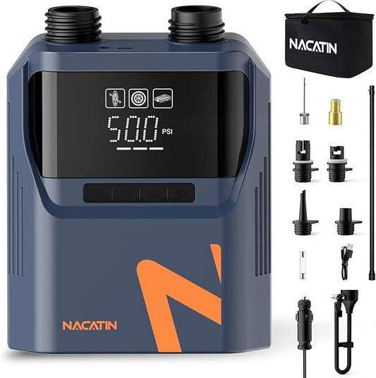 50PSI Electric Paddle Board Pump, 5200mah Dual Stage SUP Pump with 6 Nozzles Auto-Off Inflation/Deflation Air Pump for Inf...