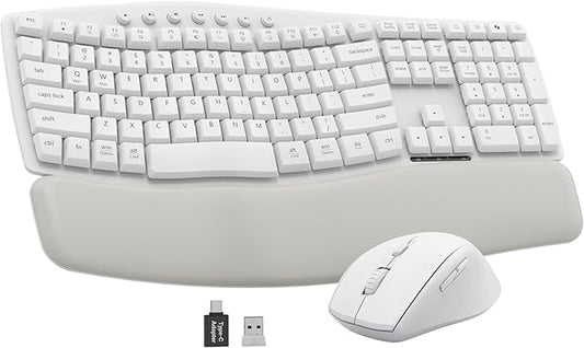 White Wireless Keyboard and Mouse Combo for MacBook & Windows, 30dB Quiet Ergonomic Keyboard Set with Wave Keys & Soft Pal...