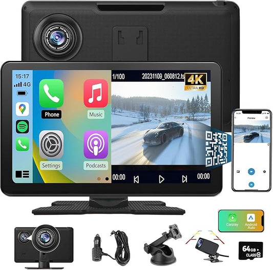 9" Carplay Screen for Car Portable, Carplay & Android Auto Car Stereo, Touchscreen GPS Navigation 4K Dash Cam/1080P Backup...