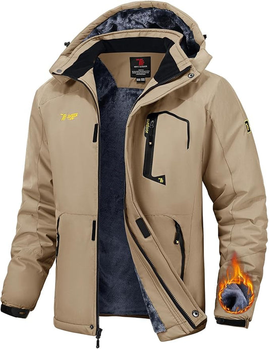 TBMPOY Men's Winter Jackets Skiing Waterproof Snow Thick Fleece Lined Hooded Utility Cold Weather Warm Outdoor Ice Work