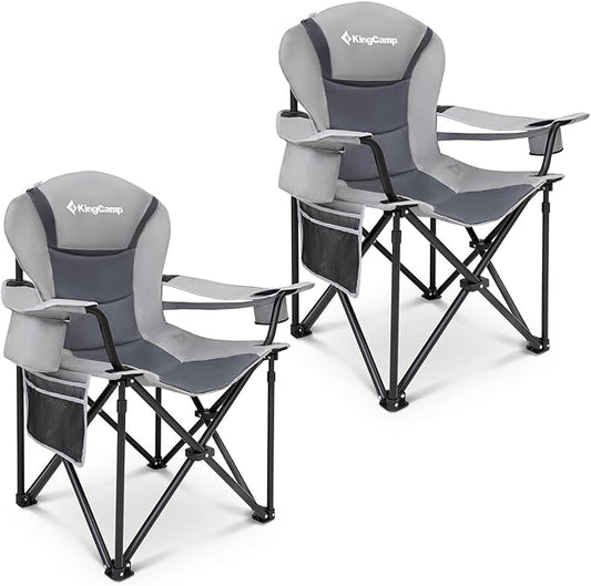 KingCamp Oversized Camping Folding Chair with Lumbar Support, Heavy Duty Ergonomic Padded Arm Chair with Cooler Bag, Cup H...