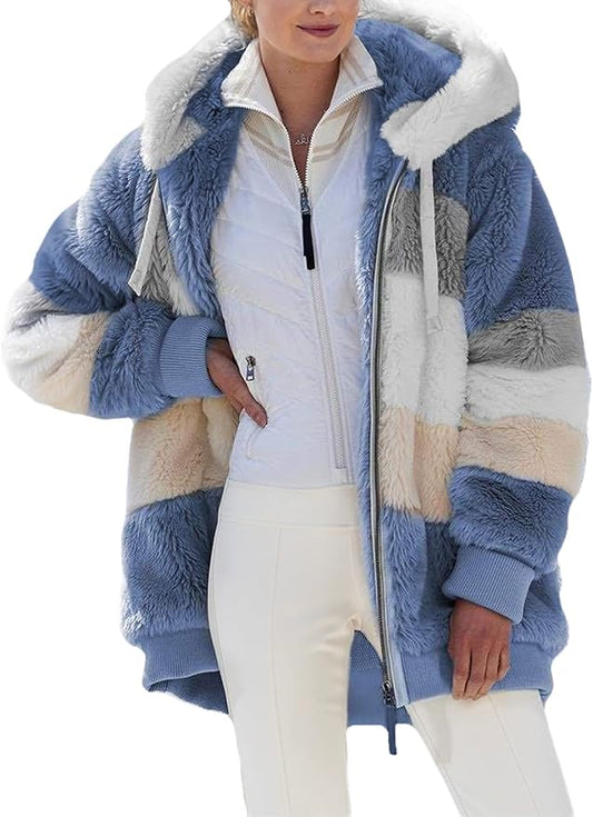 Dokotoo Womens 2025 Winter Fuzzy Fleece Jacket Hooded Color Block Patchwork Cardigan Coats Outerwear with Pockets